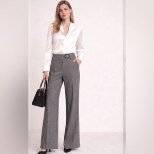 Joseph Ribkoff Black and Gray Herringbone Pleated Buckle Wide-Leg Pants Size 14